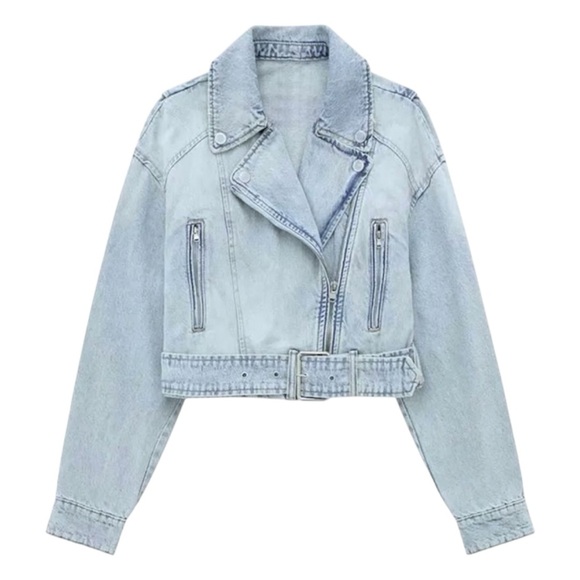 Zara Jackets & Blazers - ZARA Belted Denim Moto Jacket Blue Light Wash